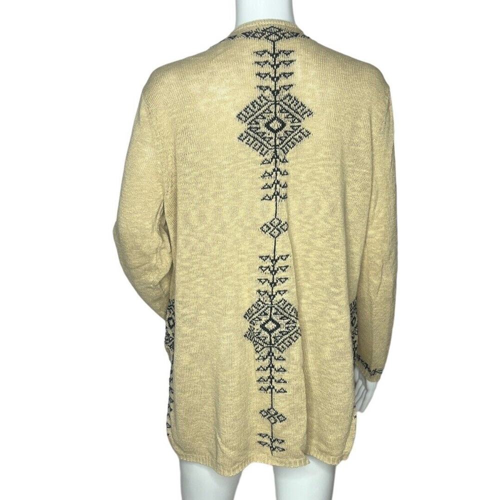 J. Jill Sweater Womens Medium Tan Black Aztec Open Cardigan Linen Blend Bohemian